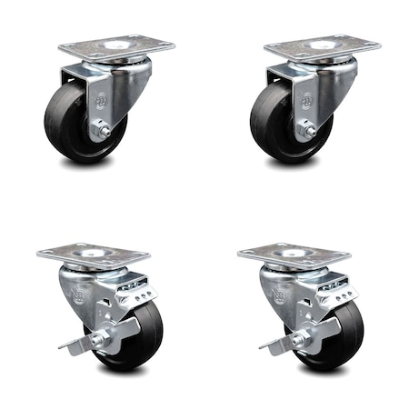 3 Inch Soft Rubber Wheel Swivel Top Plate Caster Set With 2 Brakes SCC